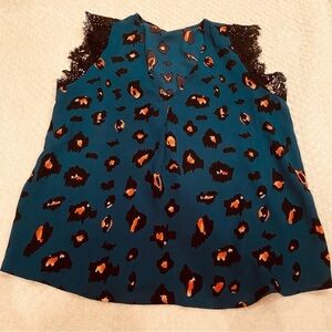 Shein Leopard Print V neck Green Lace Tank Top XL